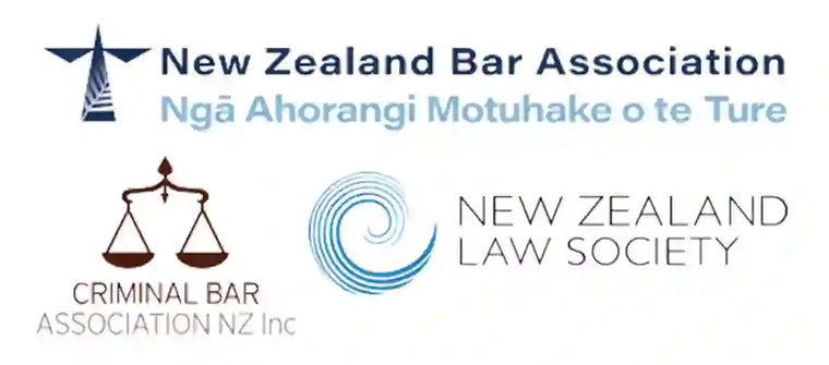 Image showing three law groups logos: New Zealand Bar Association, Criminal Bar Association, and New Zealand Law Society.